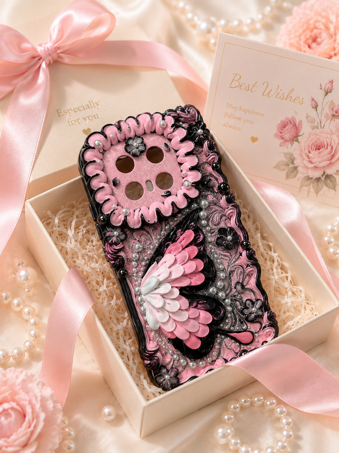 Black Pink Butterfly Decoden Phone Case