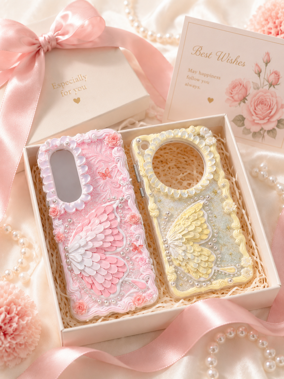 Pink & Cream Angel Wing Decoden Phone Case Set