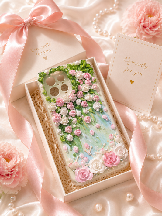 Pink White Rose Cascade Decoden Phone Case