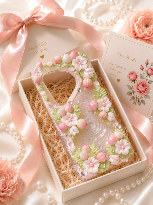 Pink Green Floral Wreath Clear Decoden Phone Case