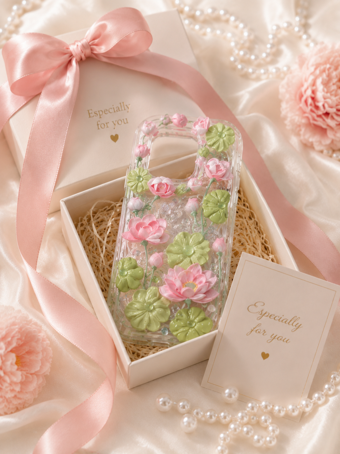 Pink Lotus & Lily Pad Clear Decoden Phone Case